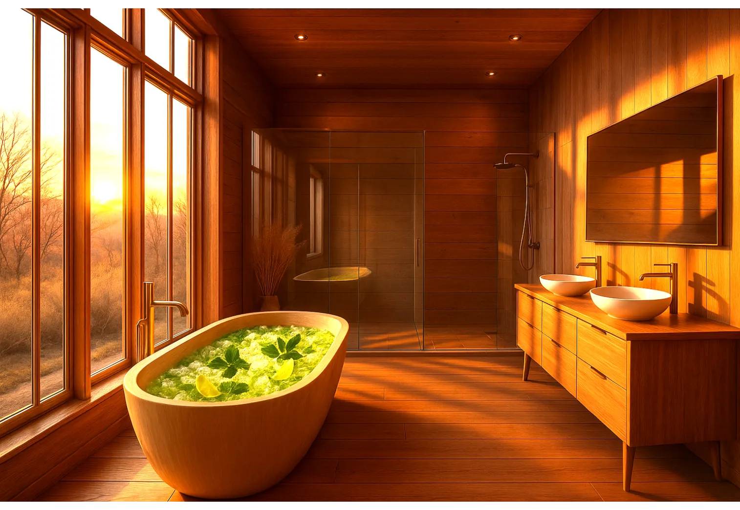 Badezimmer mit Wanne und Dusche im Sonnenuntergang