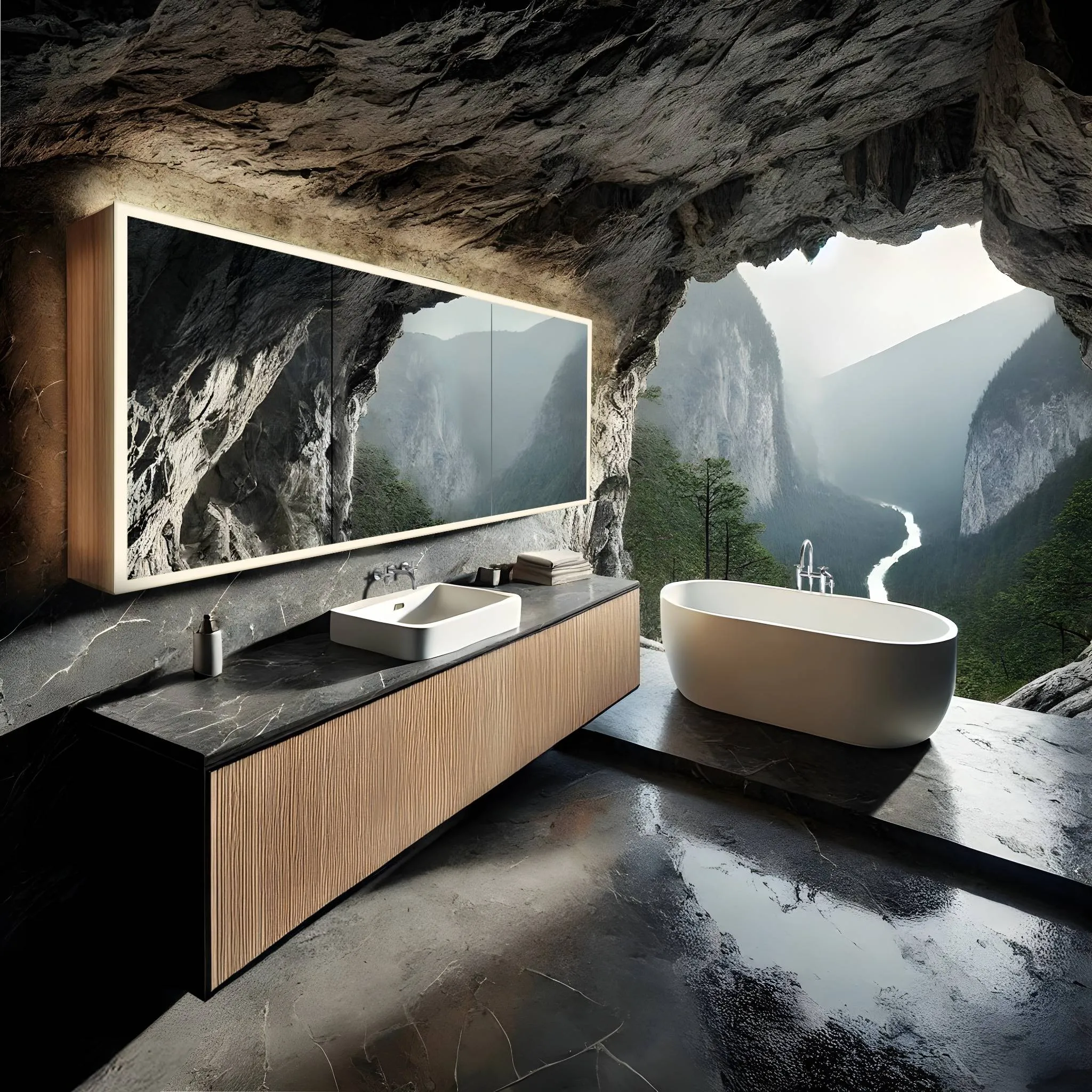 Bad mit Waschtisch und Badewanne in einer Höhle