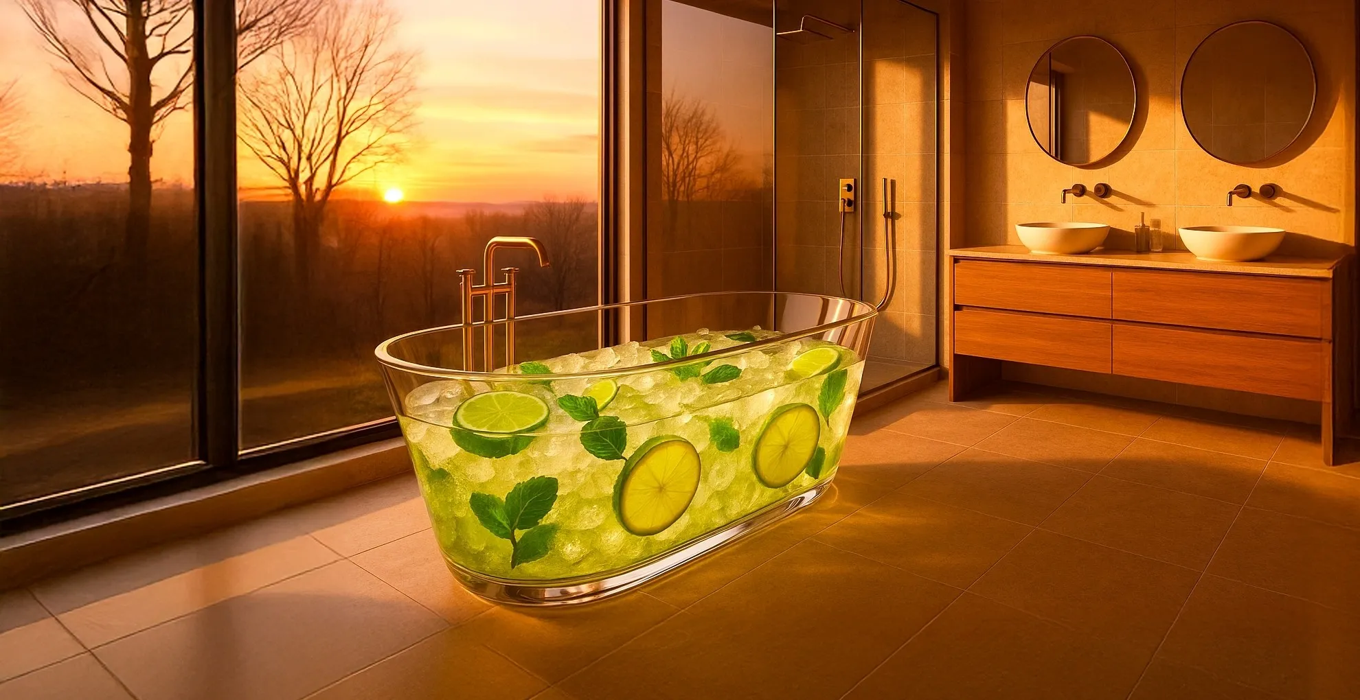 Badewanne im Sonnenuntergang mit Caipi gefüllt