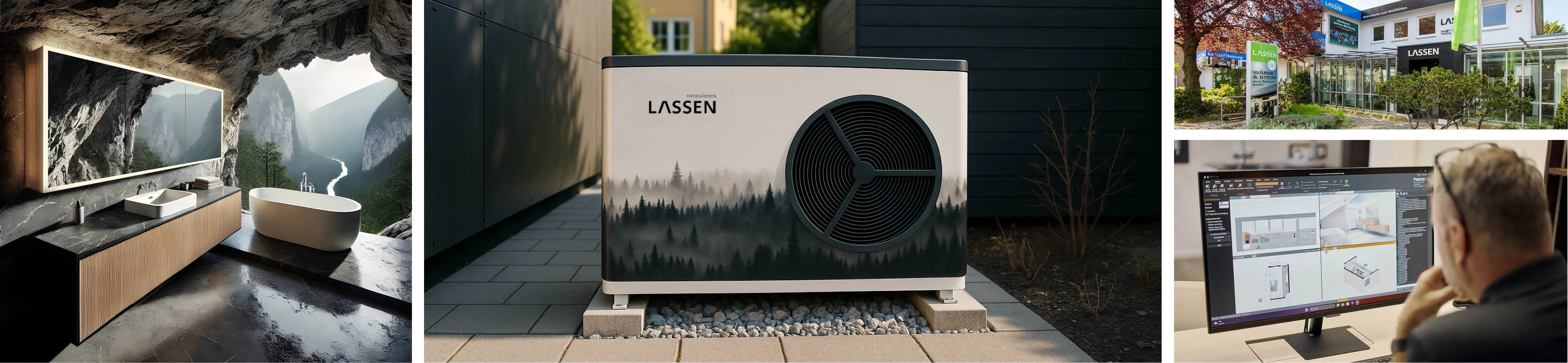 Collage mit Bad in Höhle, Wärmepumpe, Firmengebäude und Planungssoftware der Lassen GmbH aus Freiburg.