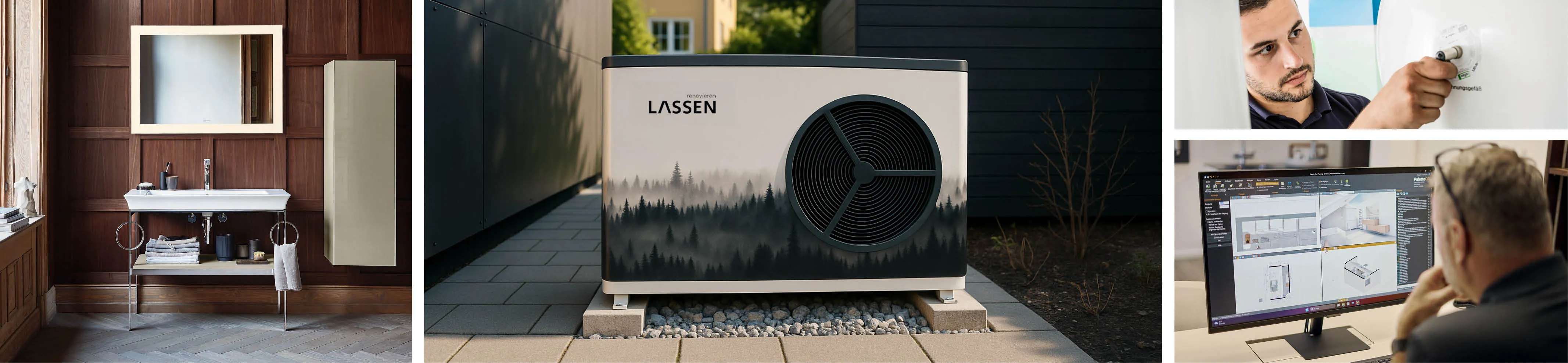 Collage mit Badezimmer, Wärmepumpe, Handwerker und Planungssoftware der Lassen GmbH aus Freiburg.