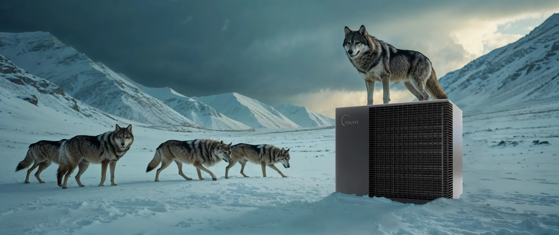 KI-generiertes Bild zeigt eine Solvis-Wärmepumpe in verschneiter Berglandschaft mit mehreren Wölfen.
