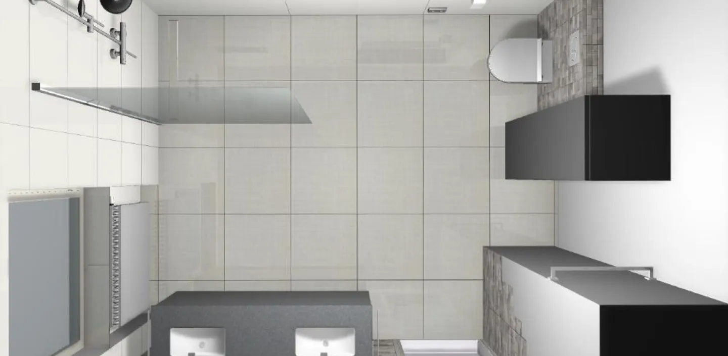 Ein modernes Badezimmer mit einer minimalistischen Einrichtung, von oben betrachtet.