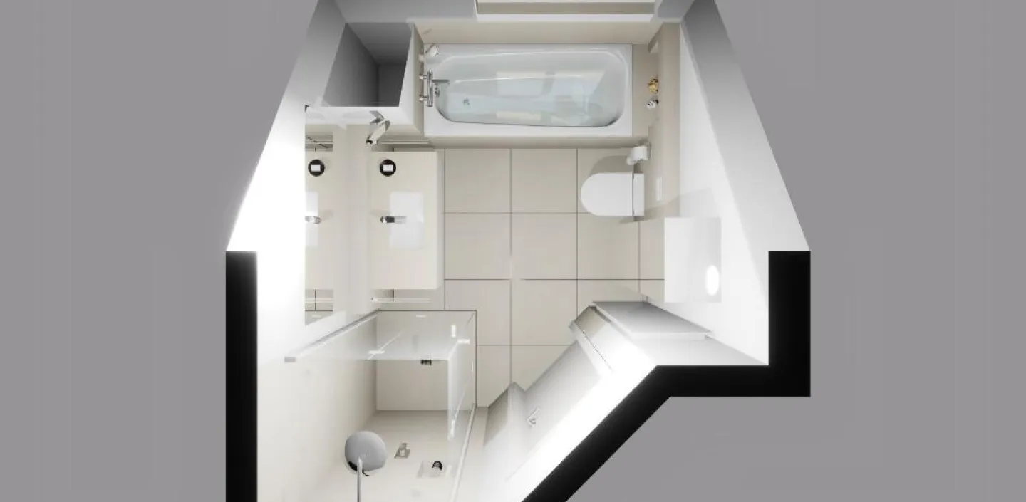 Ein kleines Badezimmer in beige-weißer Farbgebung, dargestellt aus der Vogelperspektive.