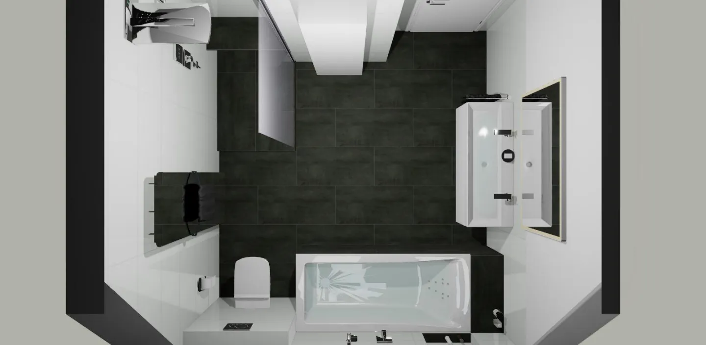 Ein modernes Badezimmer mit schwarzem Fliesenboden und weißen Wänden, dargestellt aus der Vogelperspektive.