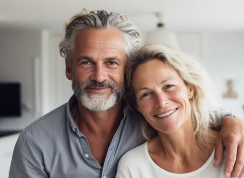 Paar in mittleren Jahren sitzt lächelnd im Wohnzimmer.