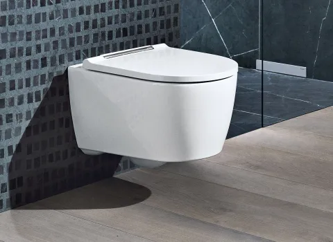 Ein modernes, wandmontiertes WC mit geschlossenem, abgerundetem Kunststoffdeckel. Das Bad hat dunkle Kacheln und einen hellen Holzfußboden.