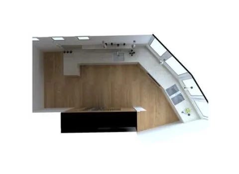 3D-Ansicht einer modernen Küche aus der Vogelperspektive. Die Küche verfügt über eine U-förmige Anordnung der Arbeitsbereiche, kombiniert mit Holz- und hellen Oberflächen. Große Fenster lassen viel Licht herein und sorgen für eine helle, einladende Atmosphäre. Eine zentrale Kochinsel bildet den Mittelpunkt des Designs.