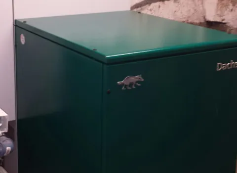 Eine grüne Heizungsanlage der Marke Dachs mit einem kleinen Tier-Logo an der Front, installiert in einem Heizungsraum.