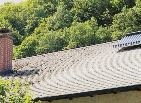 Ein Haus mit Schieferdach in einer waldreichen Umgebung, auf dem Dach sind ein gemauerter Schornstein und eine solarthermische Anlage sichtbar.