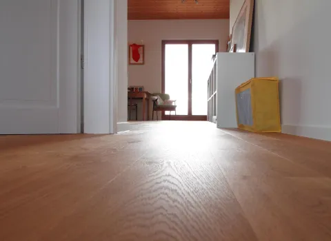 Ein Flur mit hellem Holzfußboden führt zu einem Raum mit einer großen Glastür, die von Tageslicht durchflutet wird. 