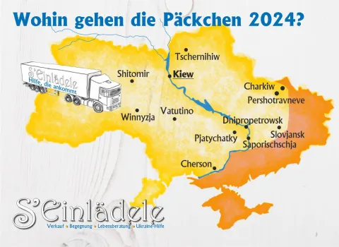 Landkarte der Ukraine, die die Orte zeigt, wo die Hilfspakete hingehen. 