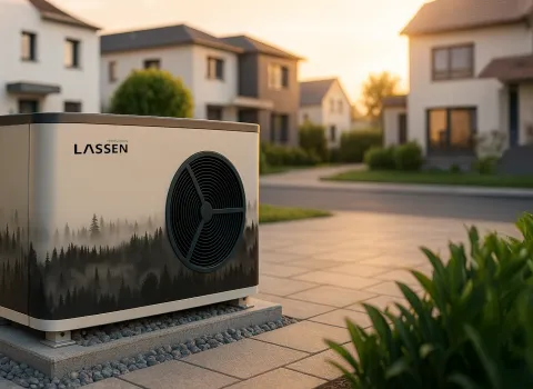 Im Fokus steht eine stilvolle Wärmepumpe mit künstlerischer Waldverzierung vor einem modernen Wohnhaus in Freiburg. Der Sonnenuntergang taucht die Siedlung mit Neubauten in ein weiches Licht, das die nachhaltige und ästhetische Gestaltung betont. Die Wärmepumpe steht stabil auf einem gepflasterten Untergrund mit Kieselrand. Das Bild vermittelt Innovation im Bereich umweltfreundlicher Haustechnik.