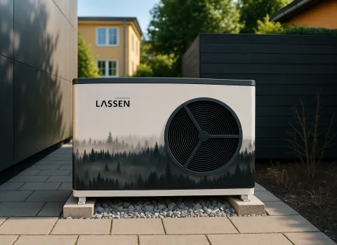 Wärmepumpe mit stilisiertem Waldmotiv, installiert auf einem Kiesbett vor einem modernen, gepflegten Hintergrund mit dunkler Holzverkleidung und gelbem Wohnhaus im Hintergrund. Die Wärmepumpe steht im Fokus des Bildes und wirkt hochwertig in Szene gesetzt.