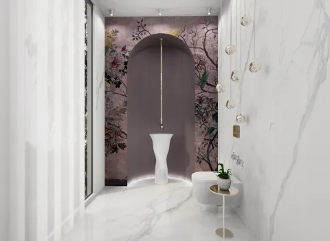 Exklusives Gäste-WC mit floraler Wandgrafik, modernem Waschtisch und indirekter Beleuchtung.