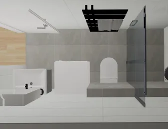 Ein modernes Badezimmer mit grauen Fliesen an Wänden und Boden, das eine klare und minimalistische Gestaltung zeigt.