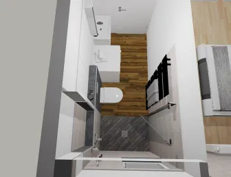 Ein modernes, schmal geschnittenes Badezimmer in der Vogelperspektive. 