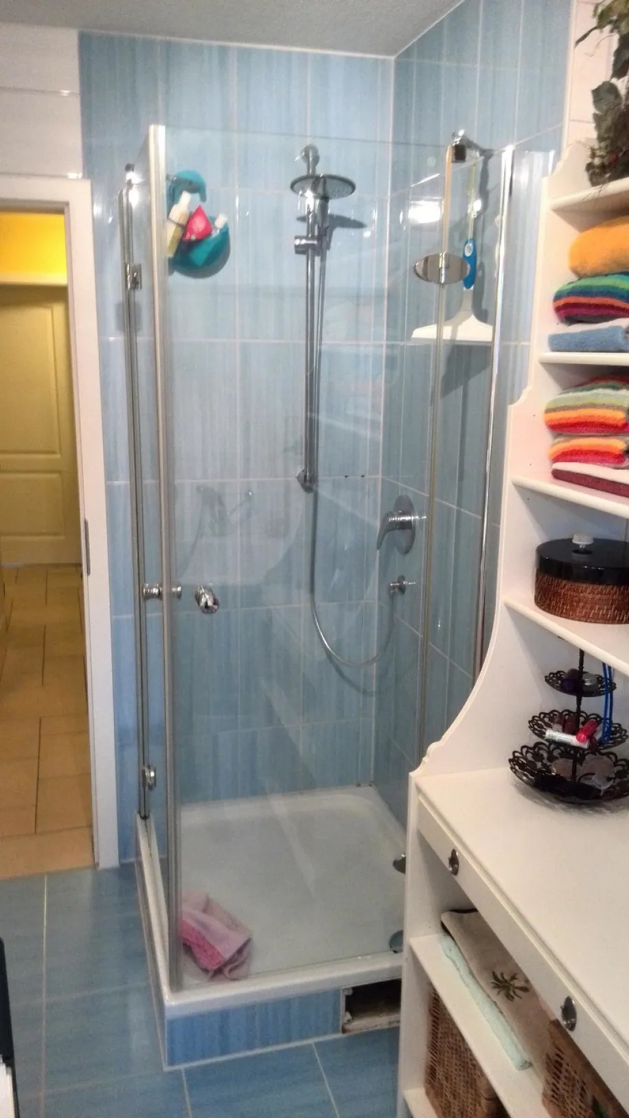 Ein Badezimmer mit blauen Fliesen und einer modernen Eckdusche mit Glaswänden.