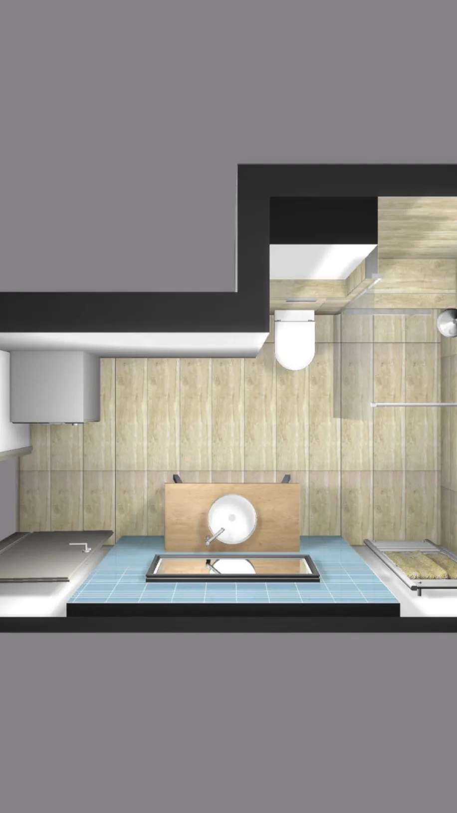 Eine Draufsicht auf die 3D-Planung eines modernen Badezimmers mit einer klaren Raumaufteilung.