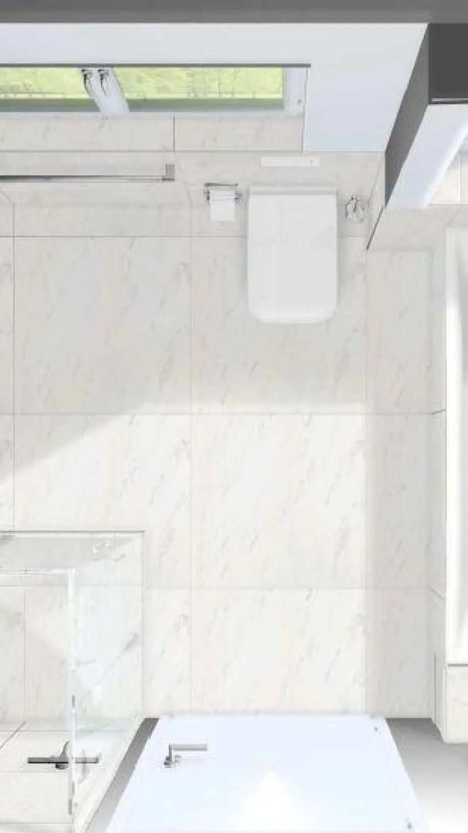 Draufsicht auf ein modernes Badezimmer mit klarer Raumaufteilung: Badewanne, Dusche, Toilette und Waschbereich in einem minimalistischen Design mit Marmoroptik und großen Fenstern.