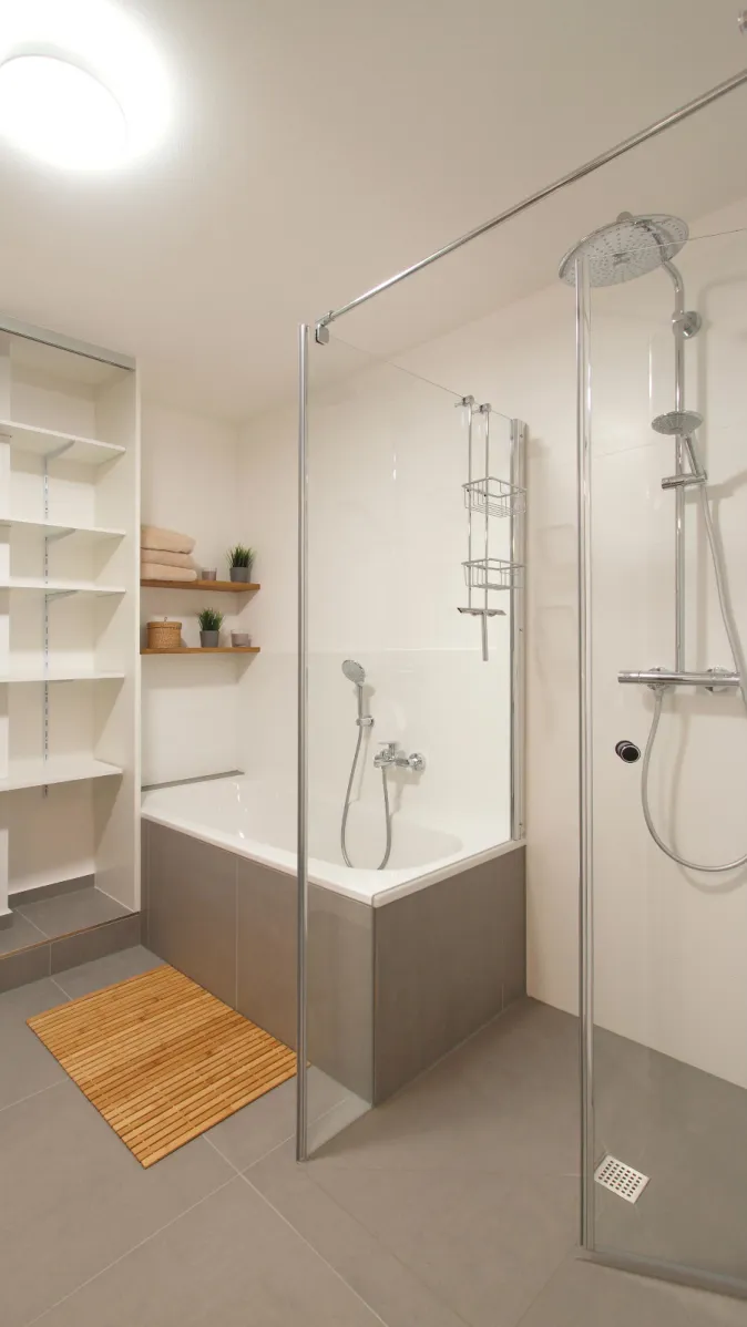 Ein modernes Badezimmer mit einer Badewanne, die durch eine Glasabtrennung gleichzeitig als Dusche genutzt werden kann. 