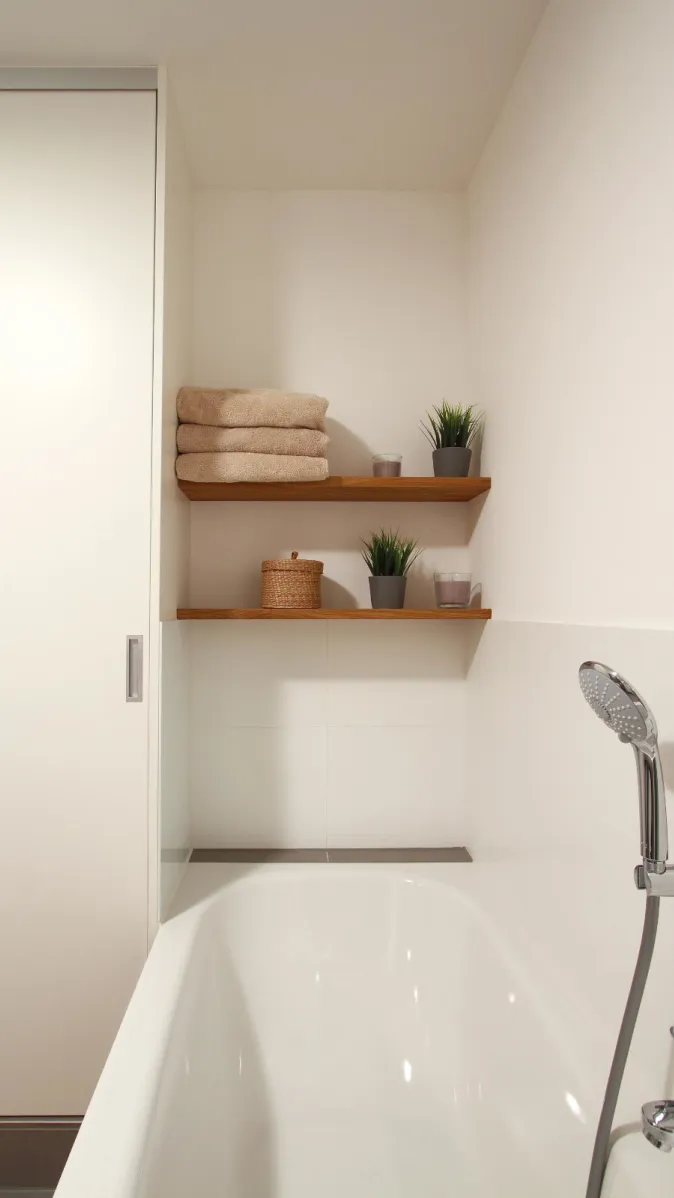 Elegantes Badezimmer mit Badewanne und integrierter Handbrause. Zwei Holzregale mit Handtüchern, Pflanzen und dekorativen Elementen verleihen dem Raum eine warme und moderne Atmosphäre.