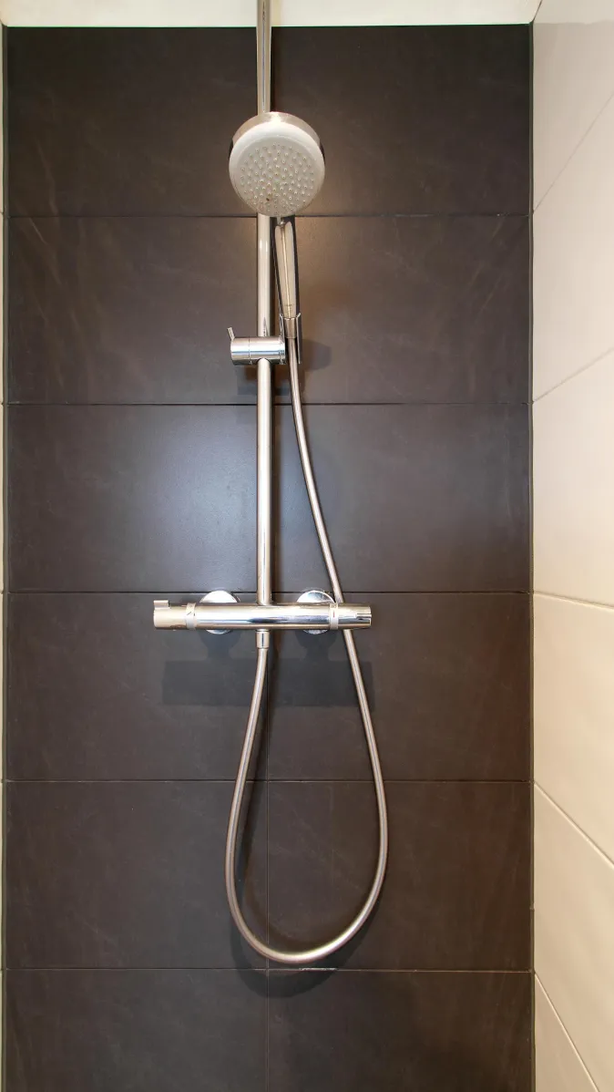 Eine moderne Dusche mit einer verchromten Handbrause und einer schlanken Duschstange, montiert vor einer dunklen, strukturierten Fliesenwand. 