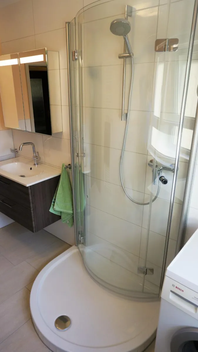 Ein modernes Badezimmer mit einer Eckdusche, die eine gebogene Glastür und eine verchromte Handbrause besitzt.