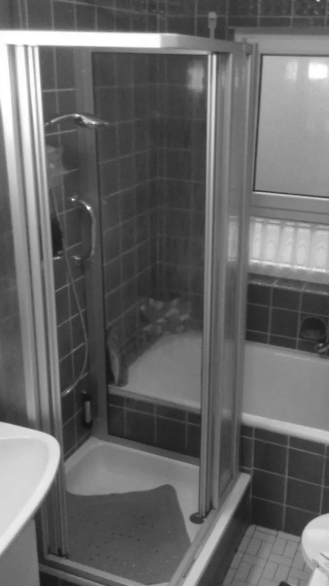 Ein kleines Badezimmer mit einer Dusche, die durch eine gläserne Duschkabine mit Aluminiumrahmen abgetrennt ist.