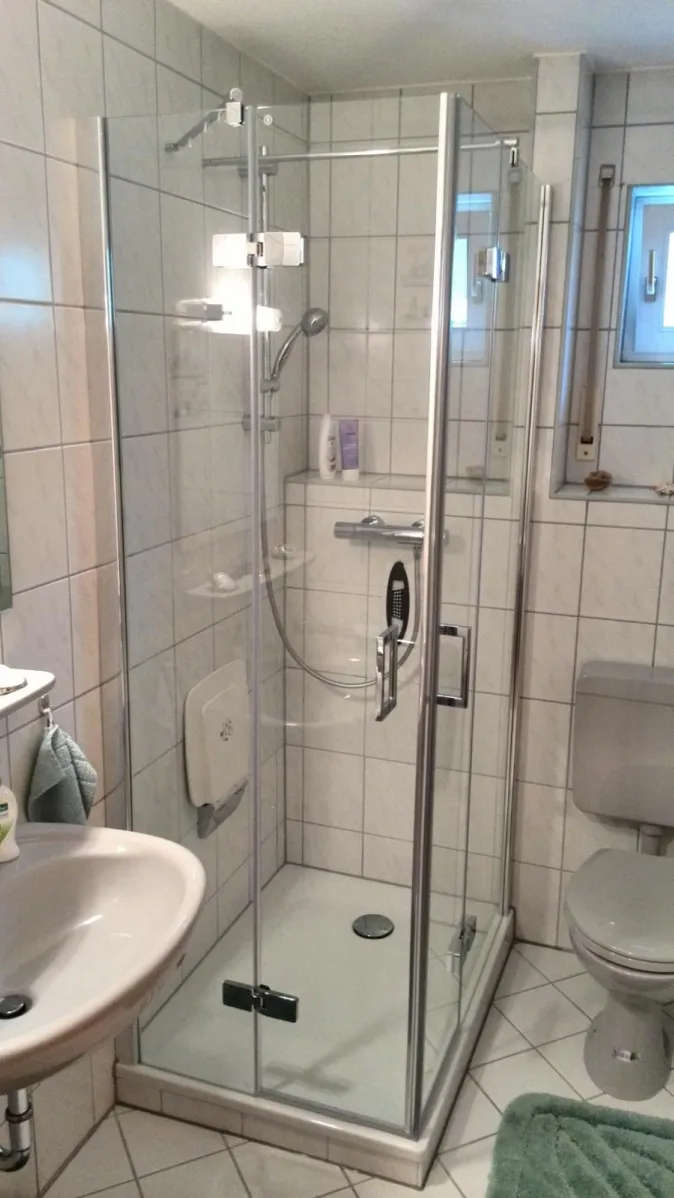 Ein kompaktes Badezimmer mit einer Eckdusche, die durch eine Glasabtrennung mit Chromrahmen geschützt ist. 