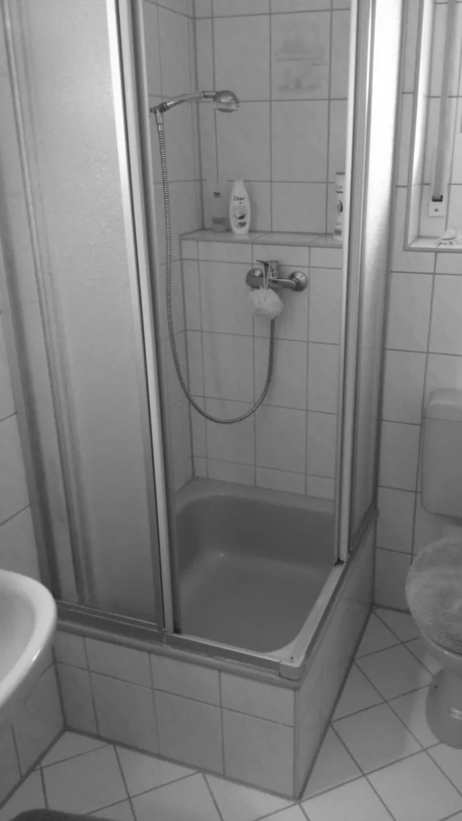 Ein kleines Badezimmer mit einer Duschkabine, die mit einer satinierten Glastür und einer erhöhten Duschwanne ausgestattet ist.