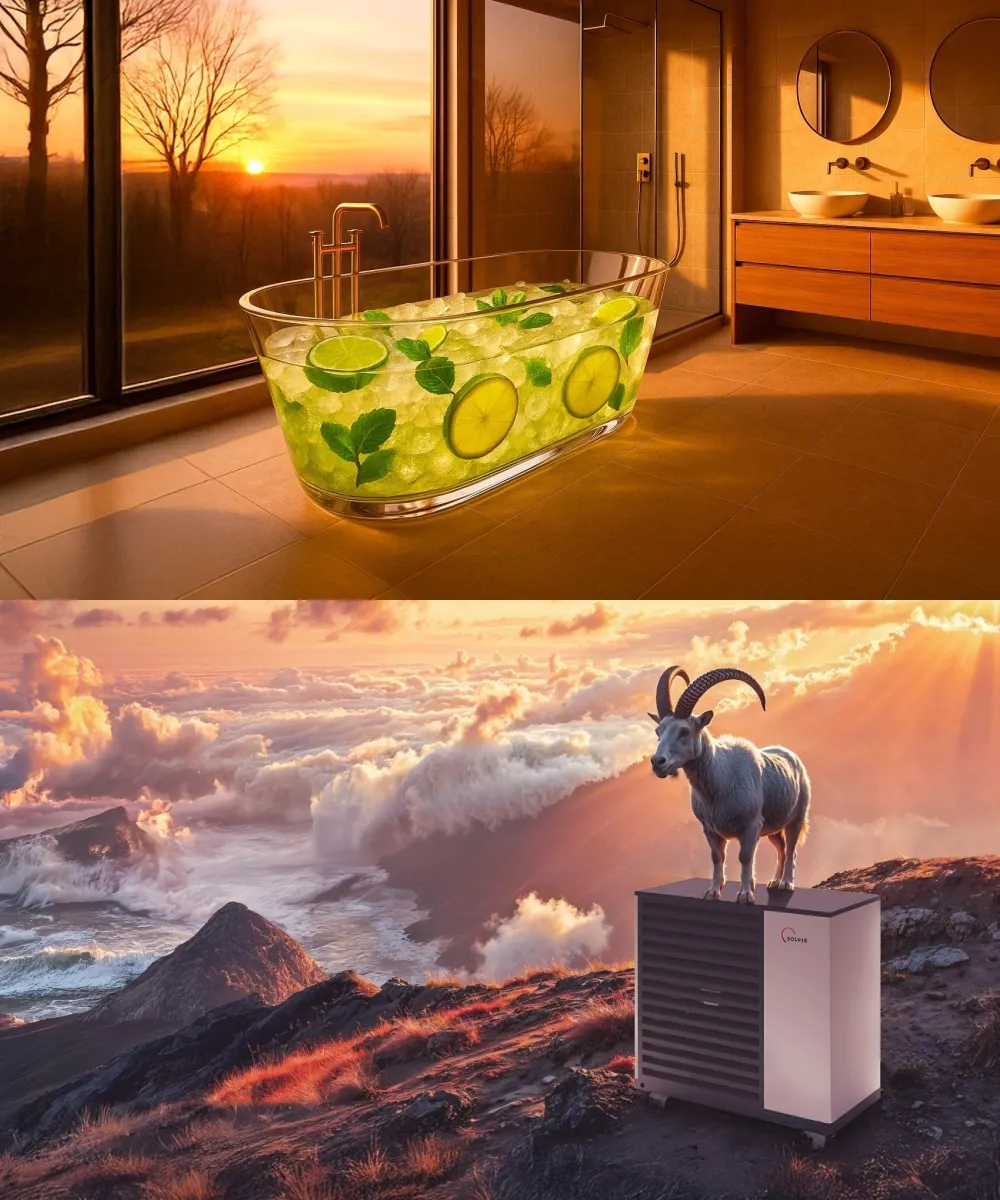 Kombiniertes Bild mit Badewanne mit Caipi gefüllt und Bock auf Wärmepumpe