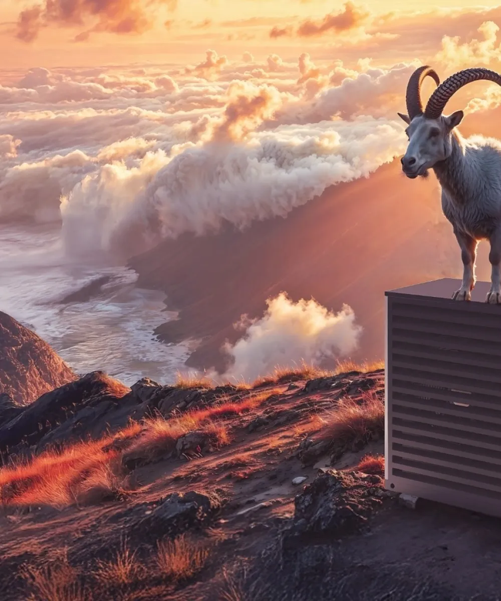 Ein majestätischer Steinbock steht auf einer modernen Wärmepumpe auf einem Berggipfel, umgeben von dramatisch beleuchteten Wolken und Sonnenstrahlen.