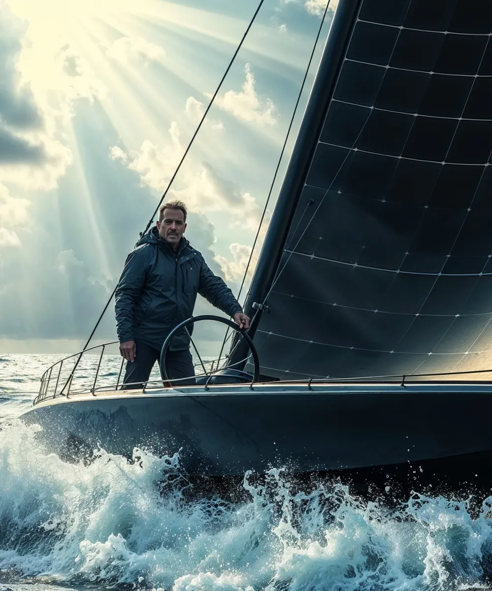 Segelboot auf dem Wasser mit PV-Modul als Segel