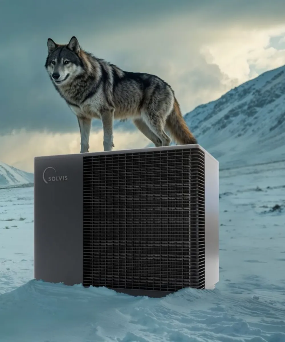 Ein Wolf steht auf einer Solvis-Wärmepumpe vor winterlicher Felskulisse.