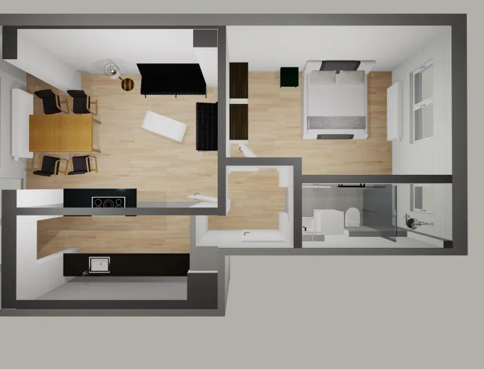 3D-Grundriss einer modern gestalteten Wohnung mit klarer Raumaufteilung. Die Wohnung umfasst einen offenen Wohn- und Essbereich, eine separate Küche, ein Schlafzimmer und ein Badezimmer. Die Gestaltung kombiniert Funktionalität und Komfort mit einer hellen und modernen Atmosphäre.