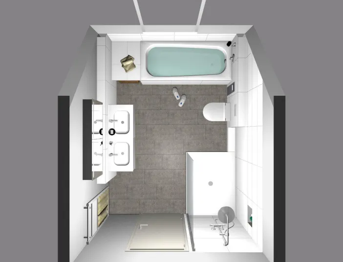 3D-Ansicht eines modernen Badezimmers aus der Vogelperspektive. 