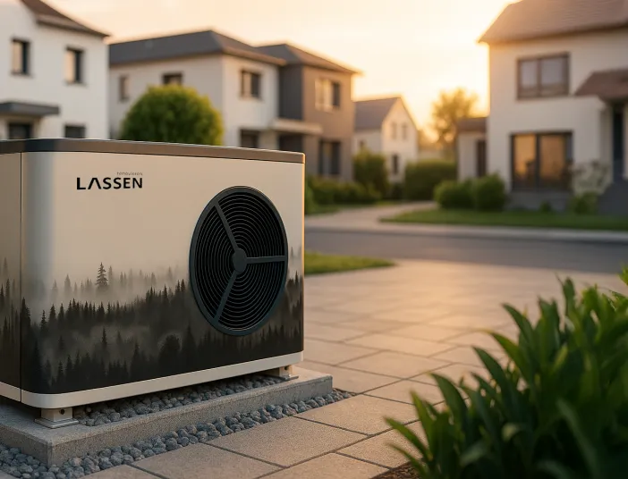 Im Fokus steht eine stilvolle Wärmepumpe mit künstlerischer Waldverzierung vor einem modernen Wohnhaus in Freiburg. Der Sonnenuntergang taucht die Siedlung mit Neubauten in ein weiches Licht, das die nachhaltige und ästhetische Gestaltung betont. Die Wärmepumpe steht stabil auf einem gepflasterten Untergrund mit Kieselrand. Das Bild vermittelt Innovation im Bereich umweltfreundlicher Haustechnik.