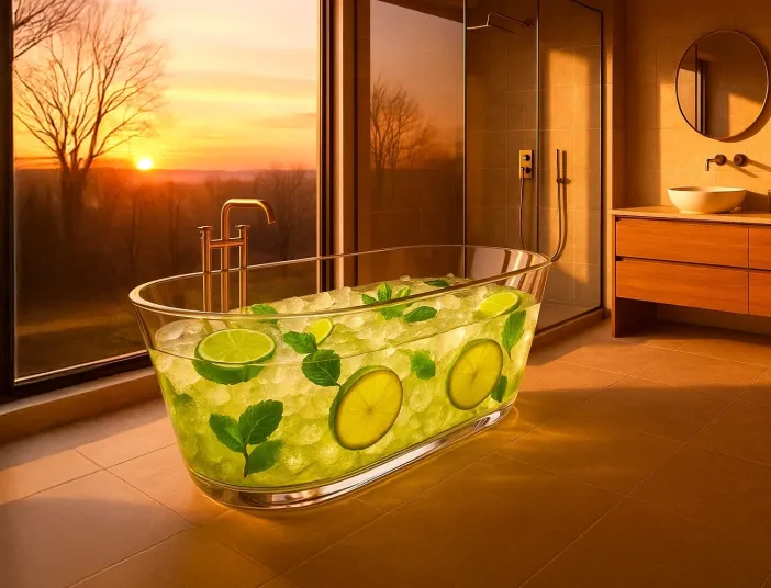Badewanne im Sonnenuntergang mit Caipi gefüllt