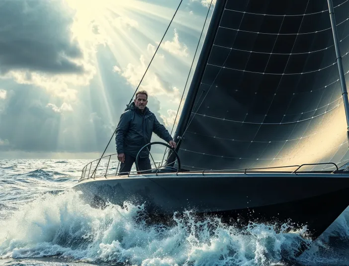 Segelboot auf dem Wasser mit PV-Modul als Segel