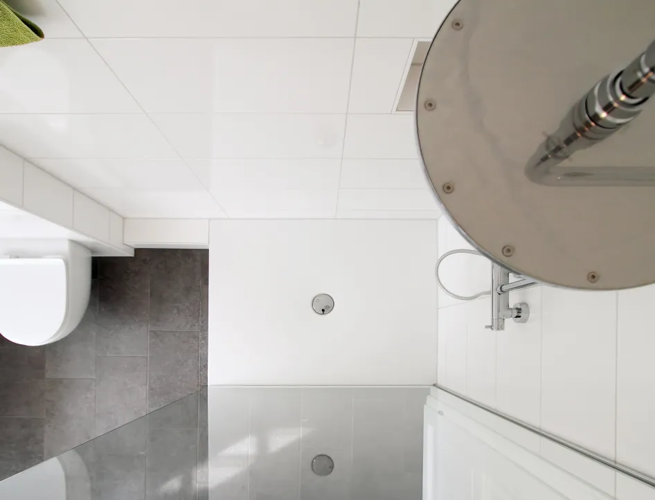 Moderne Dusche mit Glasabtrennung und großem Regenduschkopf.